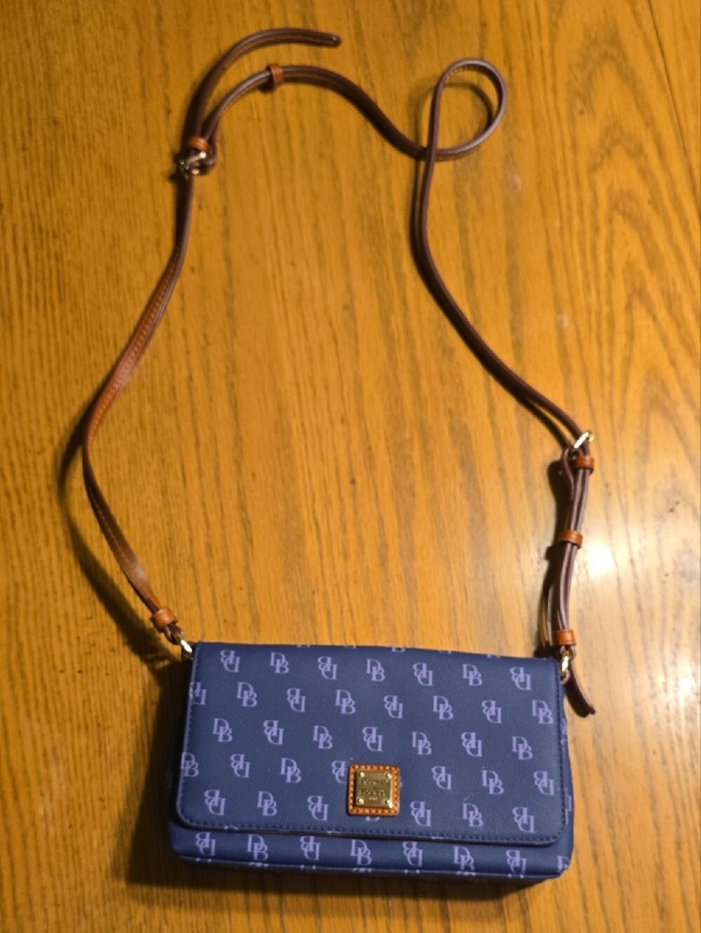 Dooney & Bourke Blue Monogram Crossbody with Tan Strap Accents - Picture 2 of 4